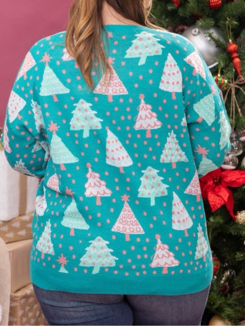 Women's Teal Holiday Tree Sweater. Dear Scarlett. Small. - Picture 3 of 3